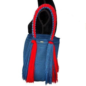 Wayuu Handbag Mochila Rapunzel Tassel Braided Straps Handmade Blue and Red